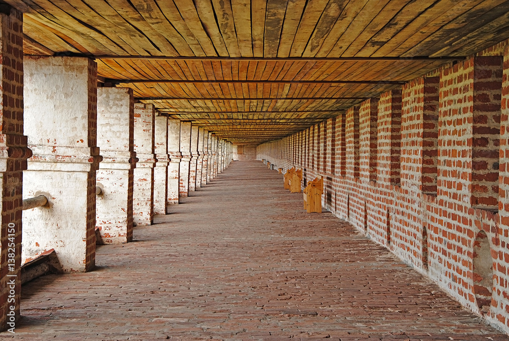 corridor monastery wall of old red bricks corridor monastery wall of old red bricks