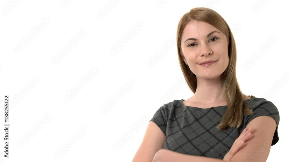 Businesswoman showing on a screen with hand. Standing with arms crossed. Isolated white background Businesswoman showing on a screen with hand. Standing with arms crossed. Isolated white background