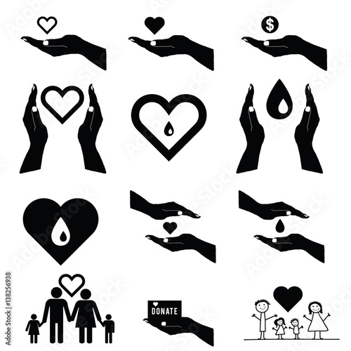 donate set symbol in black and white color illustration