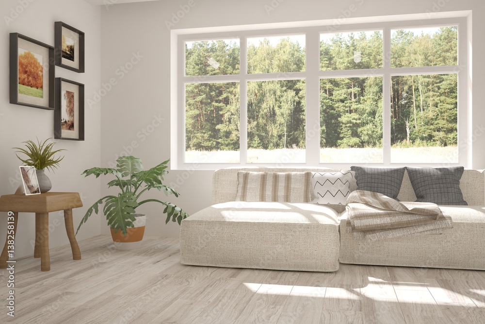 White room with sofa and green landscape in window. Scandinavian interior design White room with sofa and green landscape in window. Scandinavian interior design