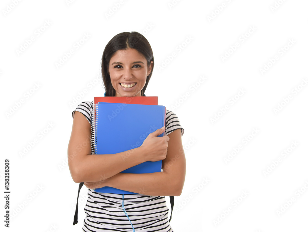 trendy latin student girl holding notepad folder and book carrying backpack smiling happy trendy latin student girl holding notepad folder and book carrying backpack smiling happy