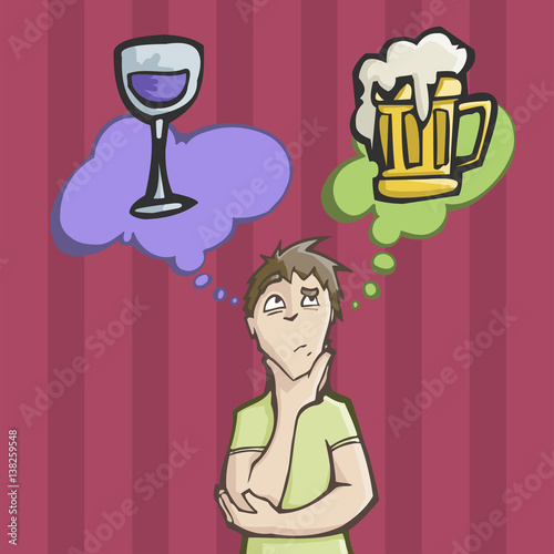 Man choosing between drinking wine or Beer