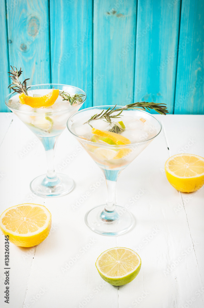Gin, lemon, rosemary fizz, cocktail with honey and fresh herbs on a white background.