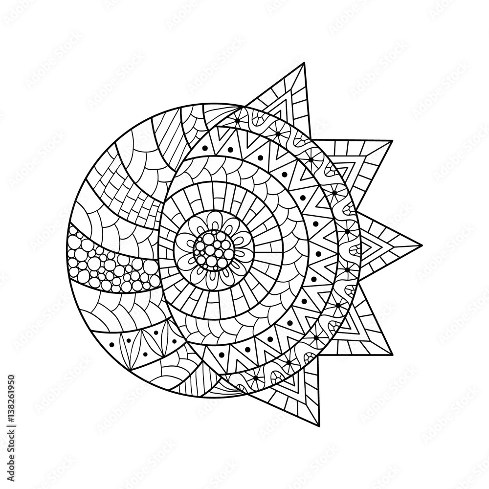 Hand drawn sun and new moon for anti stress colouring page.