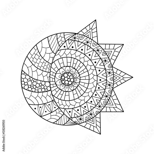 Hand drawn sun and new moon for anti stress colouring page.