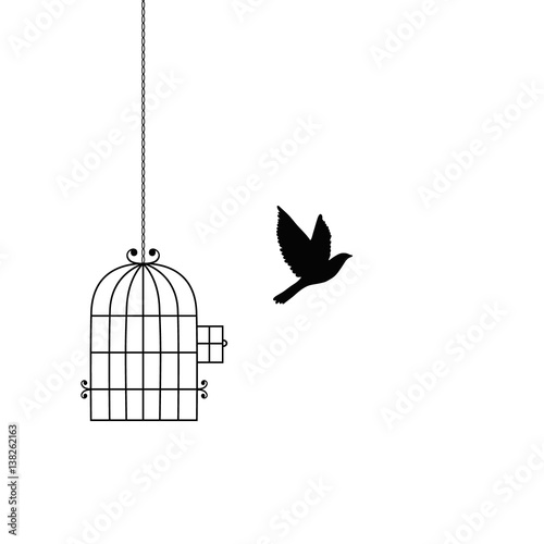 Flying bird and cage silhouettes. Freedom concept