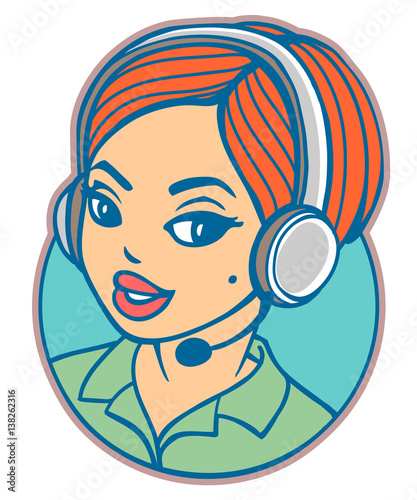 Young woman with headset. Vector cartoon style icon of smiling telephone operator. 