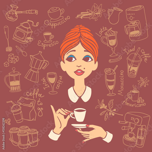 Vintage style portrait of red haired young woman holding coffee cup in one hand and saucer in another hand, surrounded by coffee doodles. Vector illustration