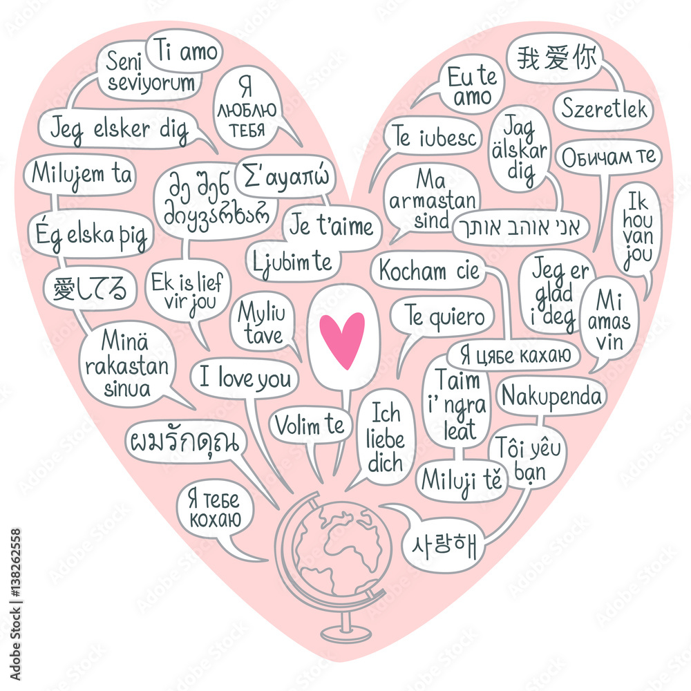 Fototapeta premium Valentine's Day around the world. Globe with comic bubbles with words 