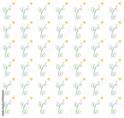 Spring background with yellow flowers with green leaves and stems in a row side by side and one below the other on a white background 