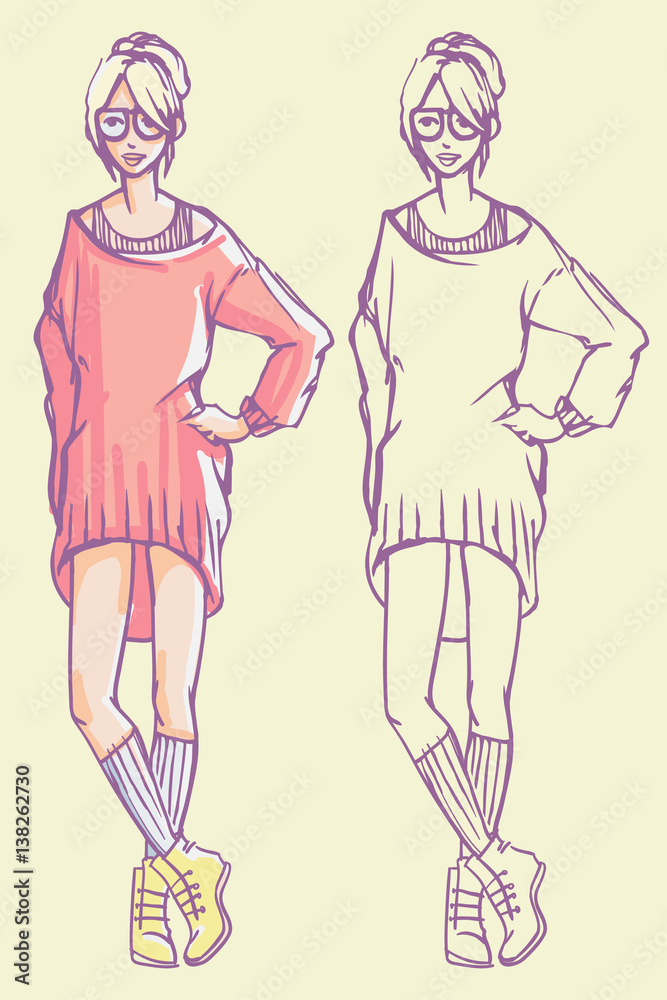 Street style look - baggy knitted dress, socks and boots. Colorful hand drawn illustration and outline sketch Street style look - baggy knitted dress, socks and boots. Colorful hand drawn illustration and outline sketch