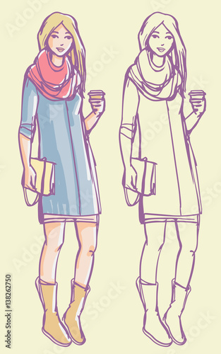 Street style look - young lady wearing dress with scarf. Colorful hand drawn illustration and outline sketch