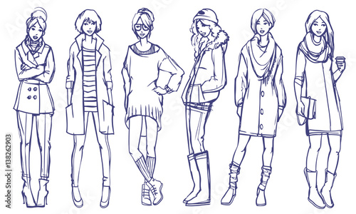 Six different street style looks. Autumn and spring season casual wear. Vector outline freehand sketch.