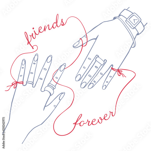 Best Friends Forever. Two hands connected by the red string. 