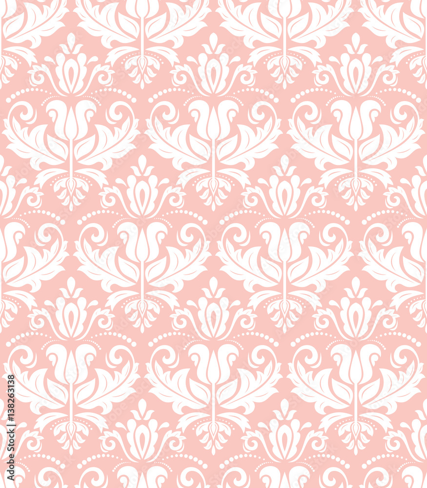 Damask classic pattern. Seamless abstract background with repeating elements. Pink and white pattern