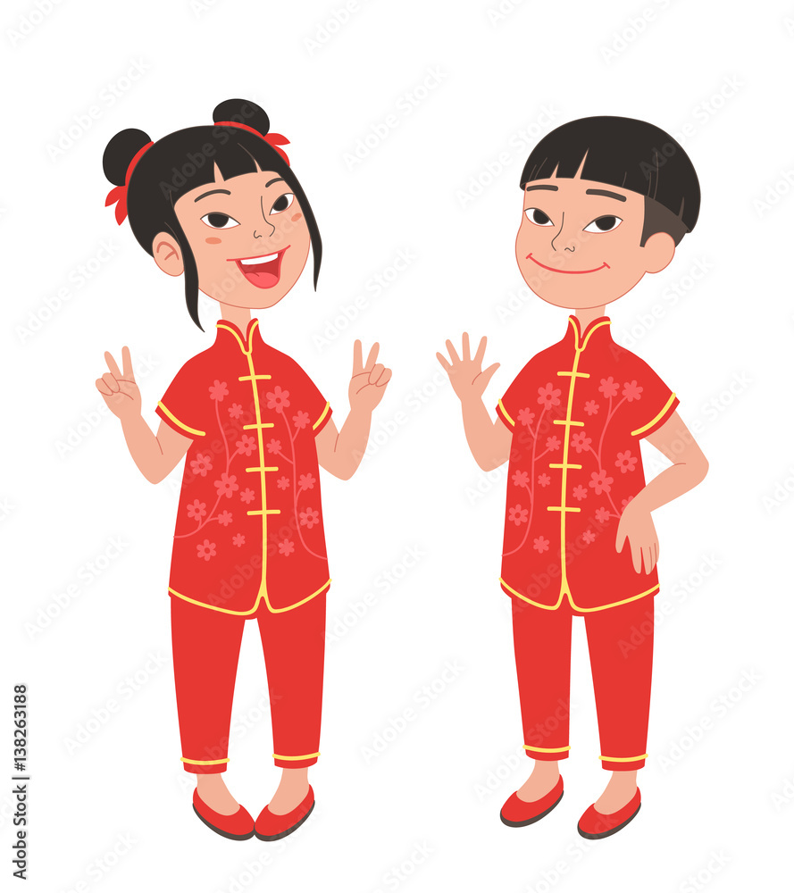 Cute Asian girl and boy wearing Chinese traditional festive costumes. Cute Asian girl and boy wearing Chinese traditional festive costumes.