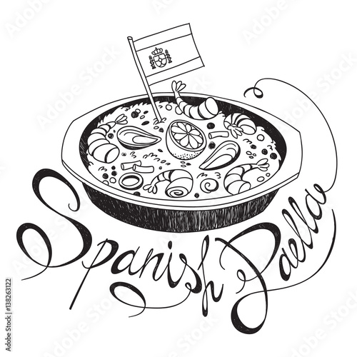 Freehand sketch style drawing of seafood paella pan with Spanish flag and hand written lettering. Vector illustration isolated on white background