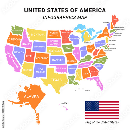 USA map with federal states including Alaska and Hawaii. United States vector map with map scale and American flag ready for your infographics. Easy editable flat design US map with data in layers.