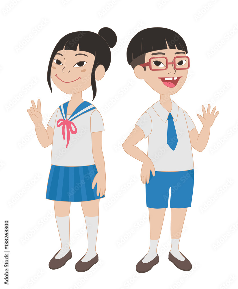 Happy asian girl and boy in school uniform. Cartoon characters. Stock  Vector | Adobe Stock