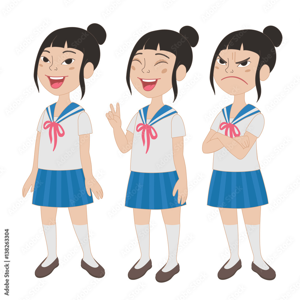 Cartoon asian girl in school uniform full body portrait. Set of different standing poses and facial expressions. Cartoon asian girl in school uniform full body portrait. Set of different standing poses and facial expressions.