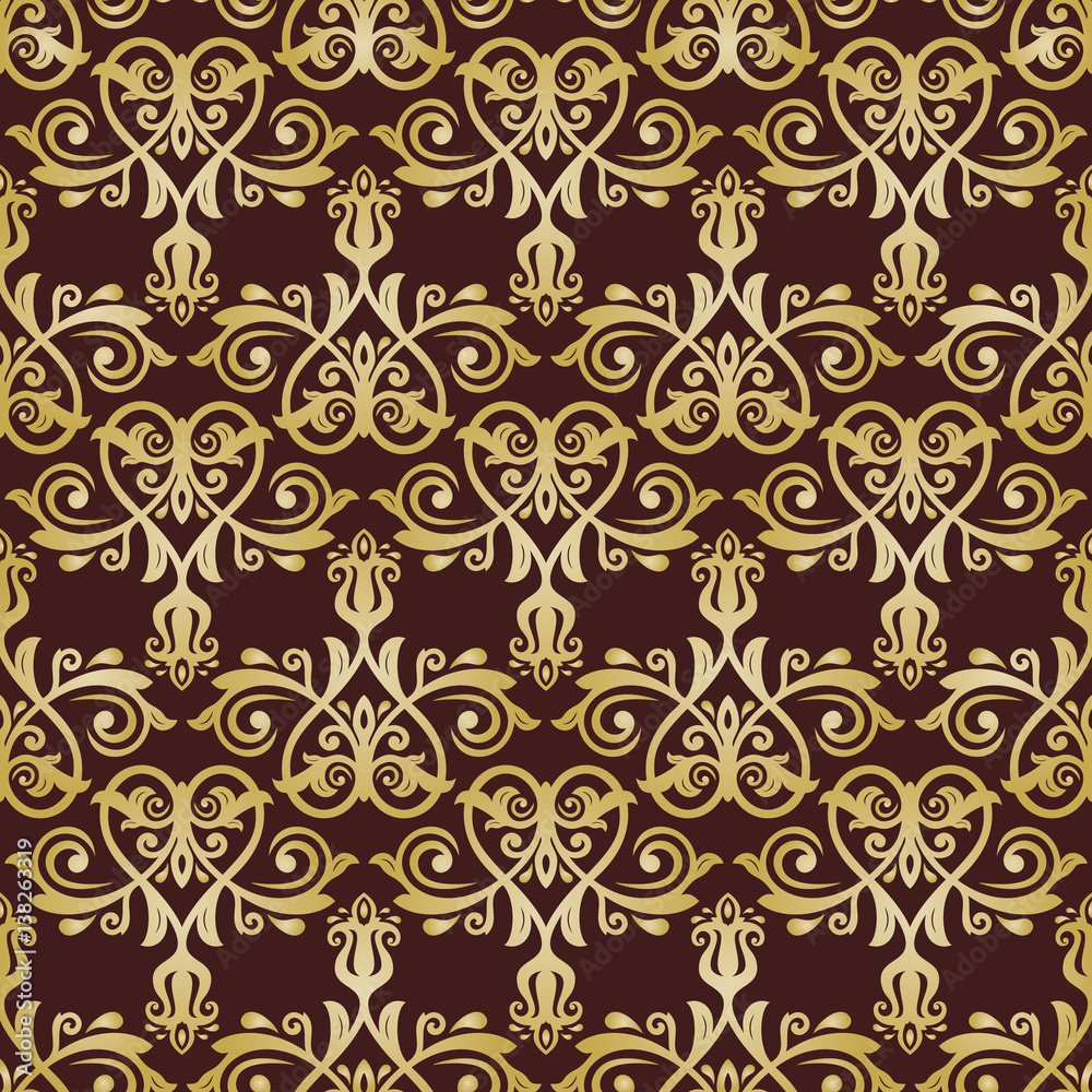 Damask classic pattern. Seamless abstract background with repeating elements. Brown and gold pattern Damask classic pattern. Seamless abstract background with repeating elements. Brown and gold pattern