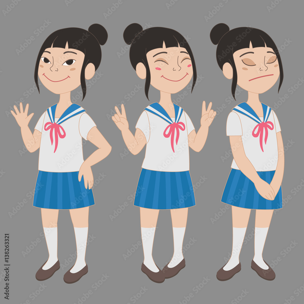 Cartoon asian girl in school uniform full body portrait. Set of different standing poses and facial expressions. Cartoon asian girl in school uniform full body portrait. Set of different standing poses and facial expressions.