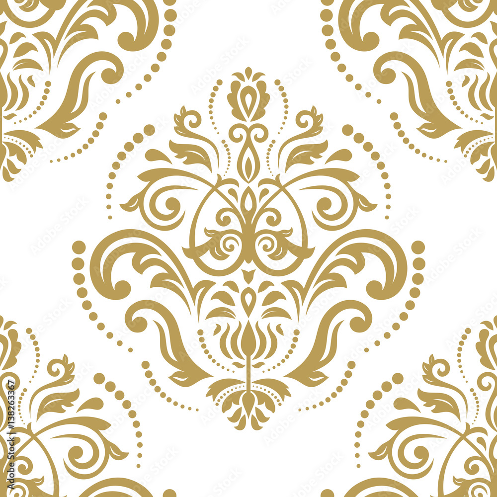 Seamless damask pattern. Traditional classic orient ornament. Golden and white pattern