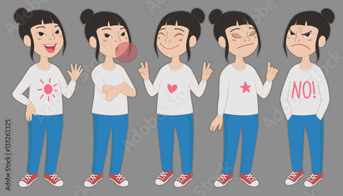 Cartoon school girl character full body portrait. Set of different standing poses and facial expressions. 