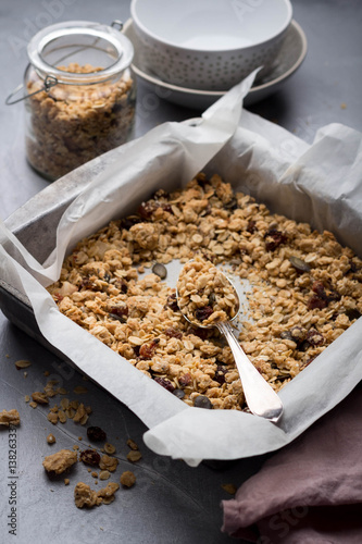 Healthy homemade peanut butter granola with nuts and dried fruit