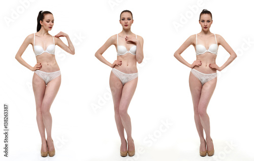 Woman fashion model posing on a white background in three positions