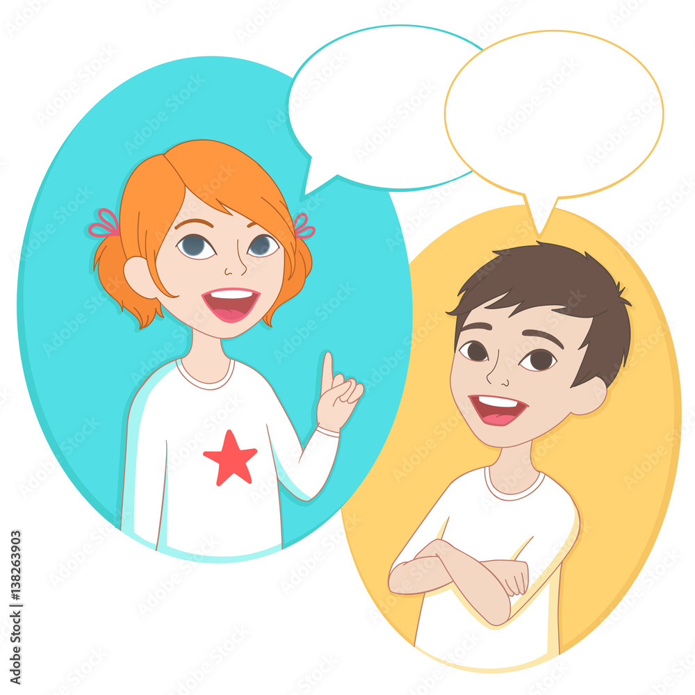 Two cartoon style kids with comics speech bubbles. School girl and boy ...