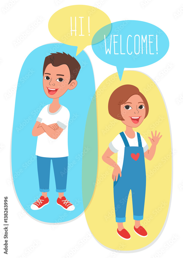 Two cartoon style kids with comics speech bubbles. School girl and boy talking, asking and answering questions, advising, helping. Two cartoon style kids with comics speech bubbles. School girl and boy talking, asking and answering questions, advising, helping.