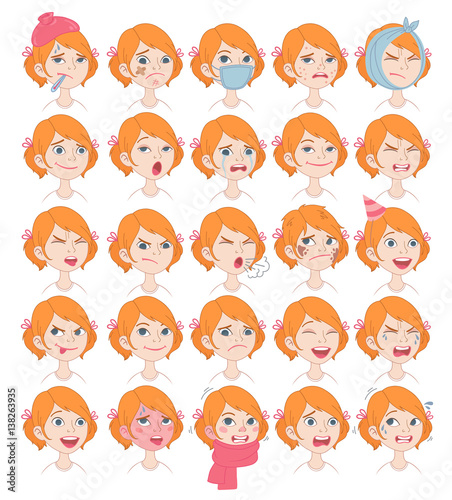 Cute red-haired girl with pigtails. Big set of facial emotions and expressions. 