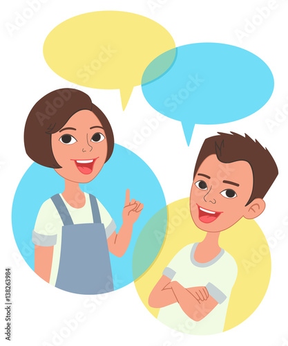 Two cartoon style kids with comics speech bubbles. School girl and boy talking, asking and answering questions, advising, helping.