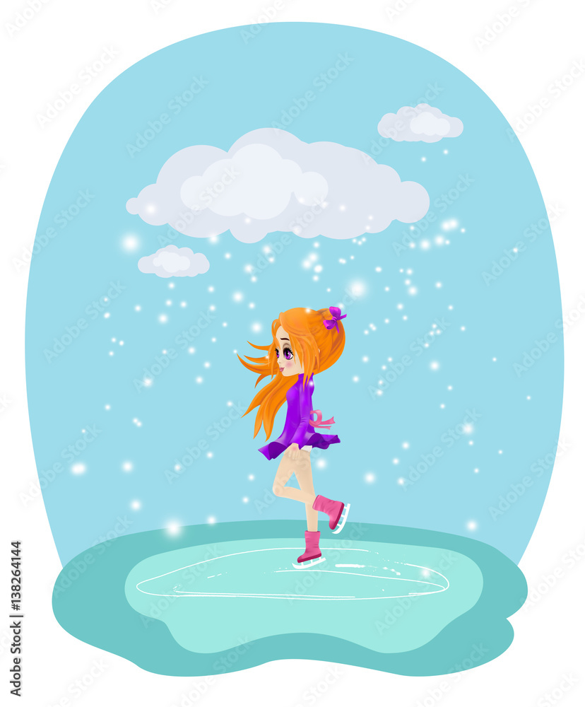 Happy girl skating on ice. Illustration