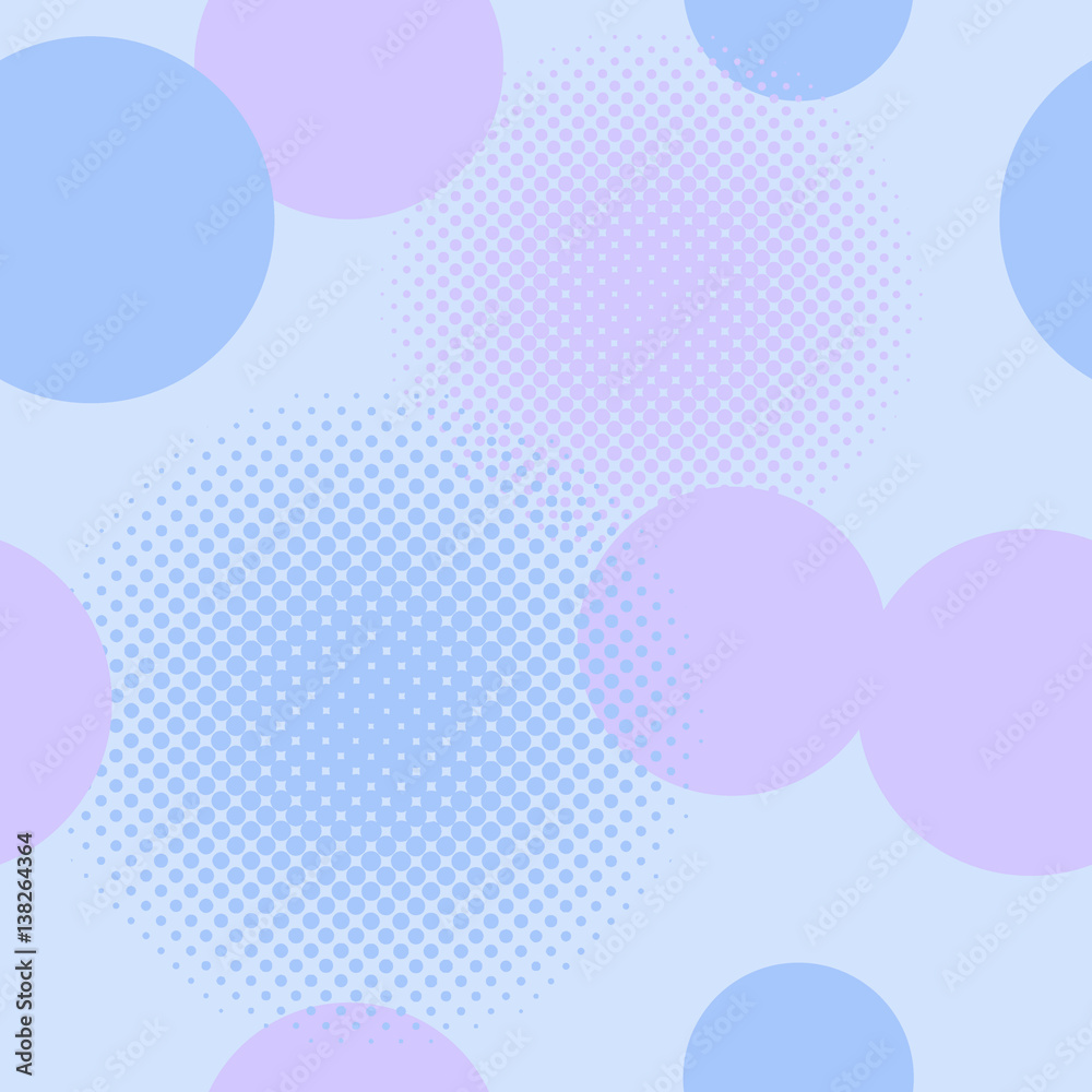 Seamless pattern of circles including halftone effect in shades of blue and mauve