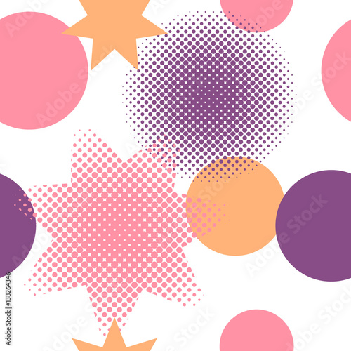Seamless pattern of circles and stars including halftone effect in colours pink, orange and purple