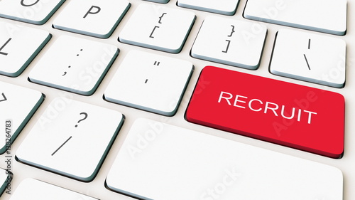 Close-up shot of white computer keyboard and red recruit key. Conceptual 3D rendering photo