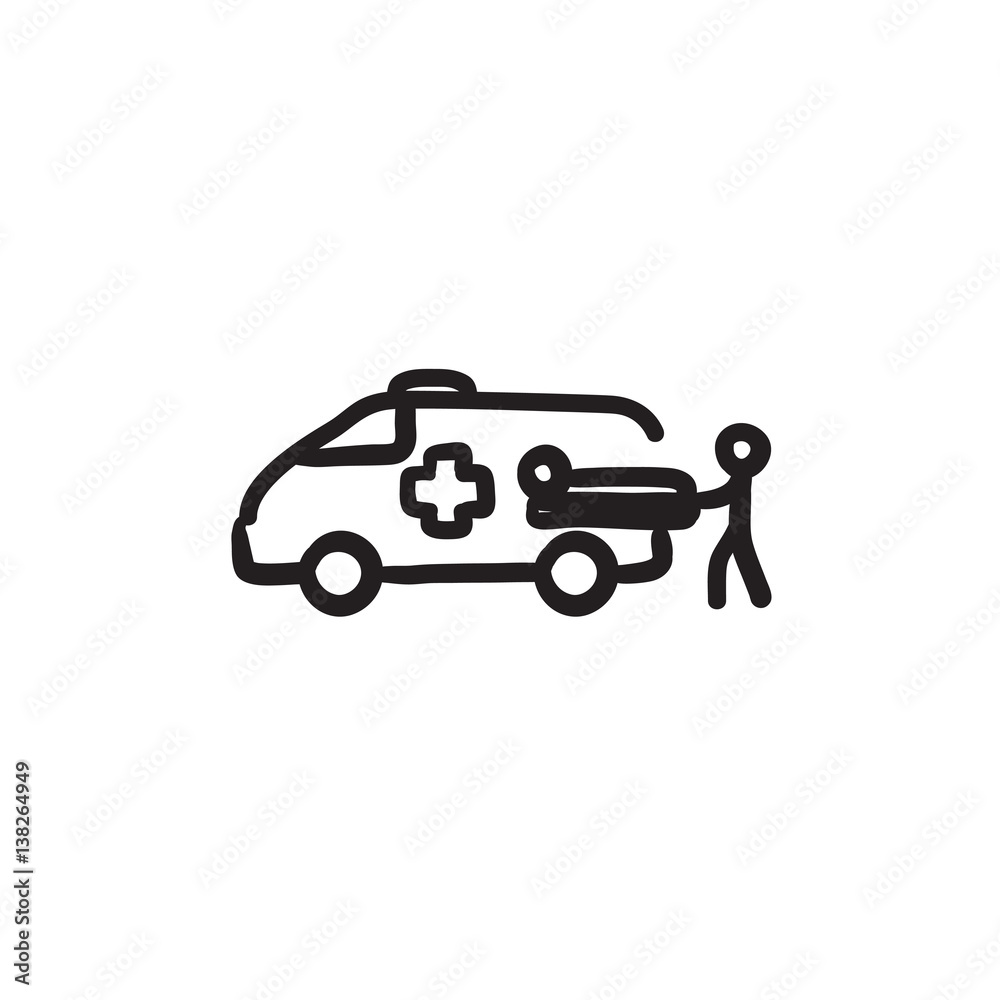 Man with patient and ambulance car sketch icon