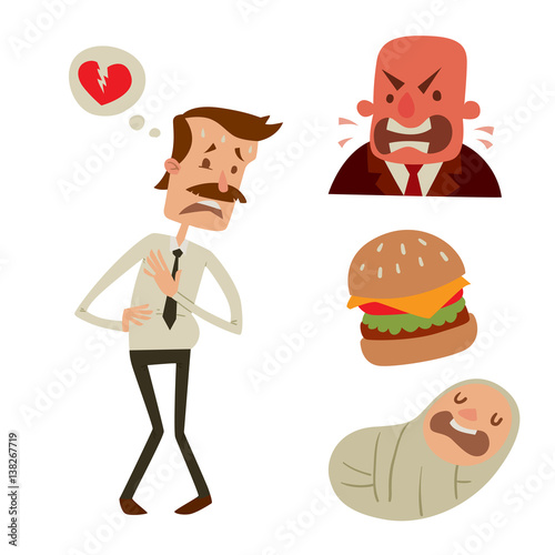 Businessman heart risk man heart attack stress infarct vector illustration smoking drinking alcohol harmful depression dizziness health problems