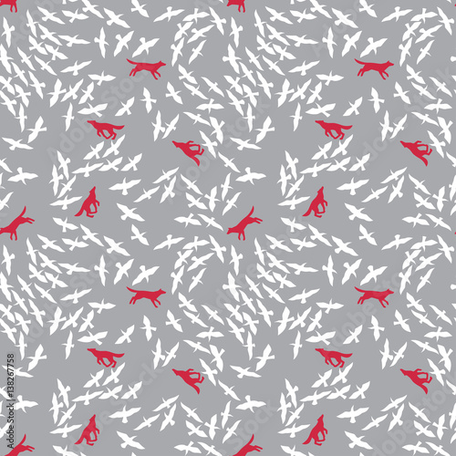 Animal vector seamless pattern. Dogs and birds on grey background.