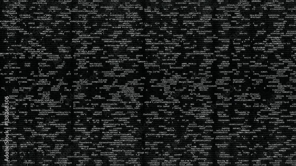 Computer hacking background, strings of programming code running on black screen. Computer screen with professional hacking attack in progress, cybercrime, background