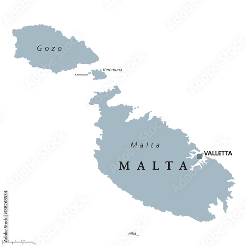 Malta political map with capital Valletta. Republic and Southern Europe island country consisting of an archipelago in the Mediterranean Sea. Gray illustration with English labeling over white. Vector