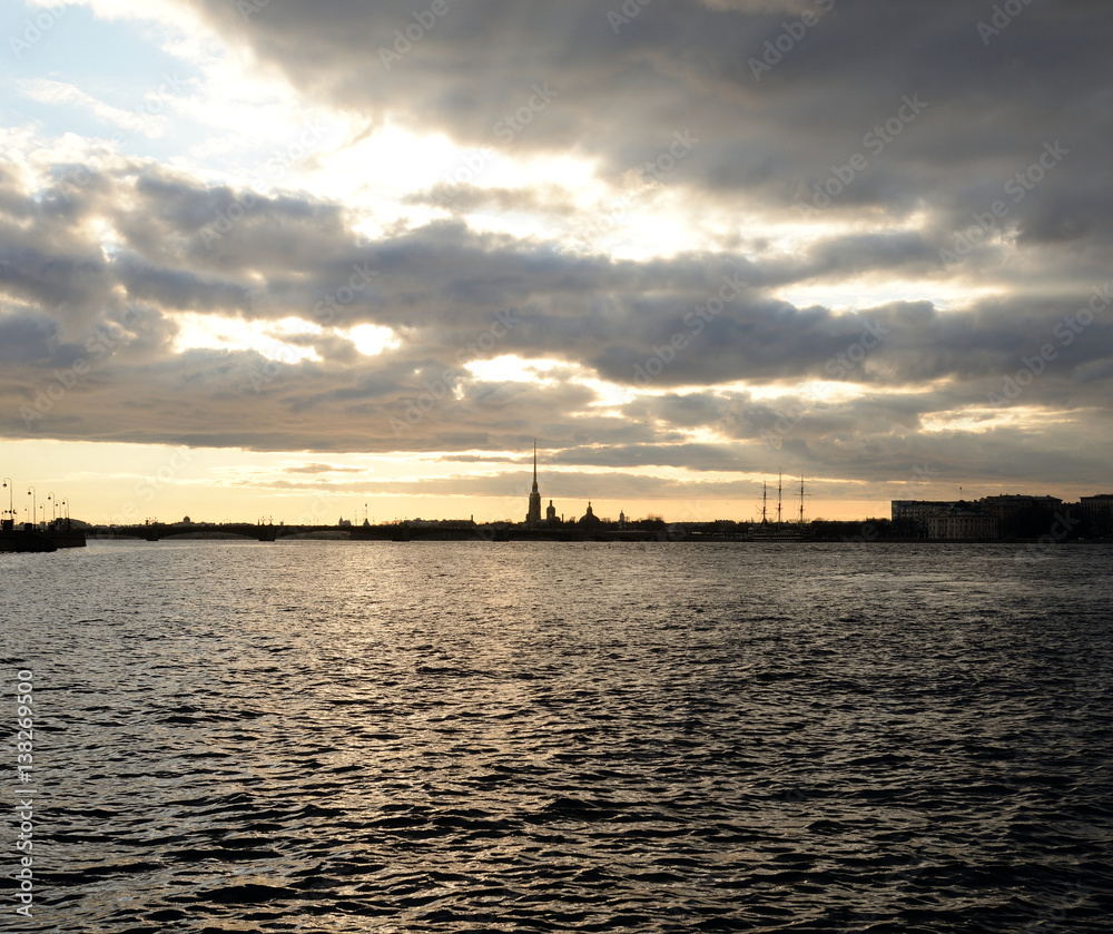 Peter and Paul Fortress and Neva river at sunset.