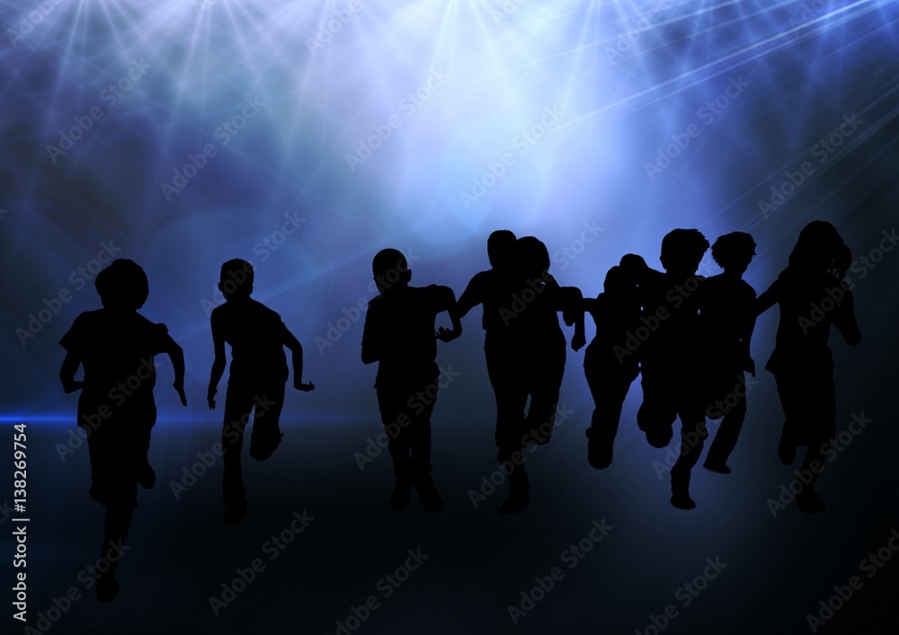 Silhouette of Children Running against a Dark Background