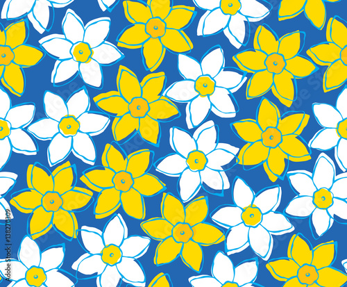 Seamless pattern of yellow and white narcissi on blue background