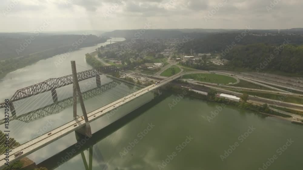 Aerial Shot Flying over Suspension Bridge Toward Suspension Bridge in Steubenvil Aerial Shot Flying over Suspension Bridge Toward Suspension Bridge in Steubenvil