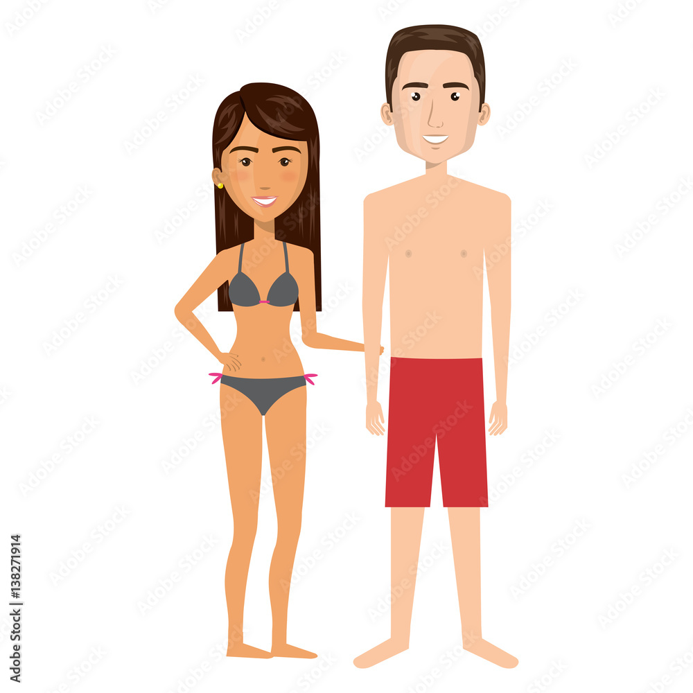 cartoon brunette woman and man caucasian with summer swimsuit vector illustration cartoon brunette woman and man caucasian with summer swimsuit vector illustration