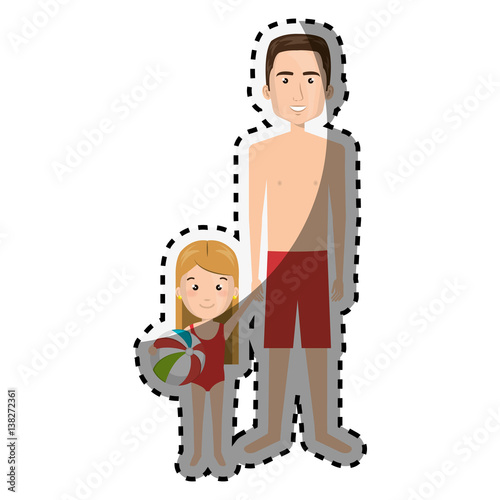 sticker cartoon man with sweatpants and little girl vector illustration