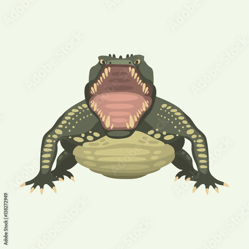 Cartoon green crocodile danger predator and australian wildlife river reptile carnivore alligator with scales teeth flat vector illustration.